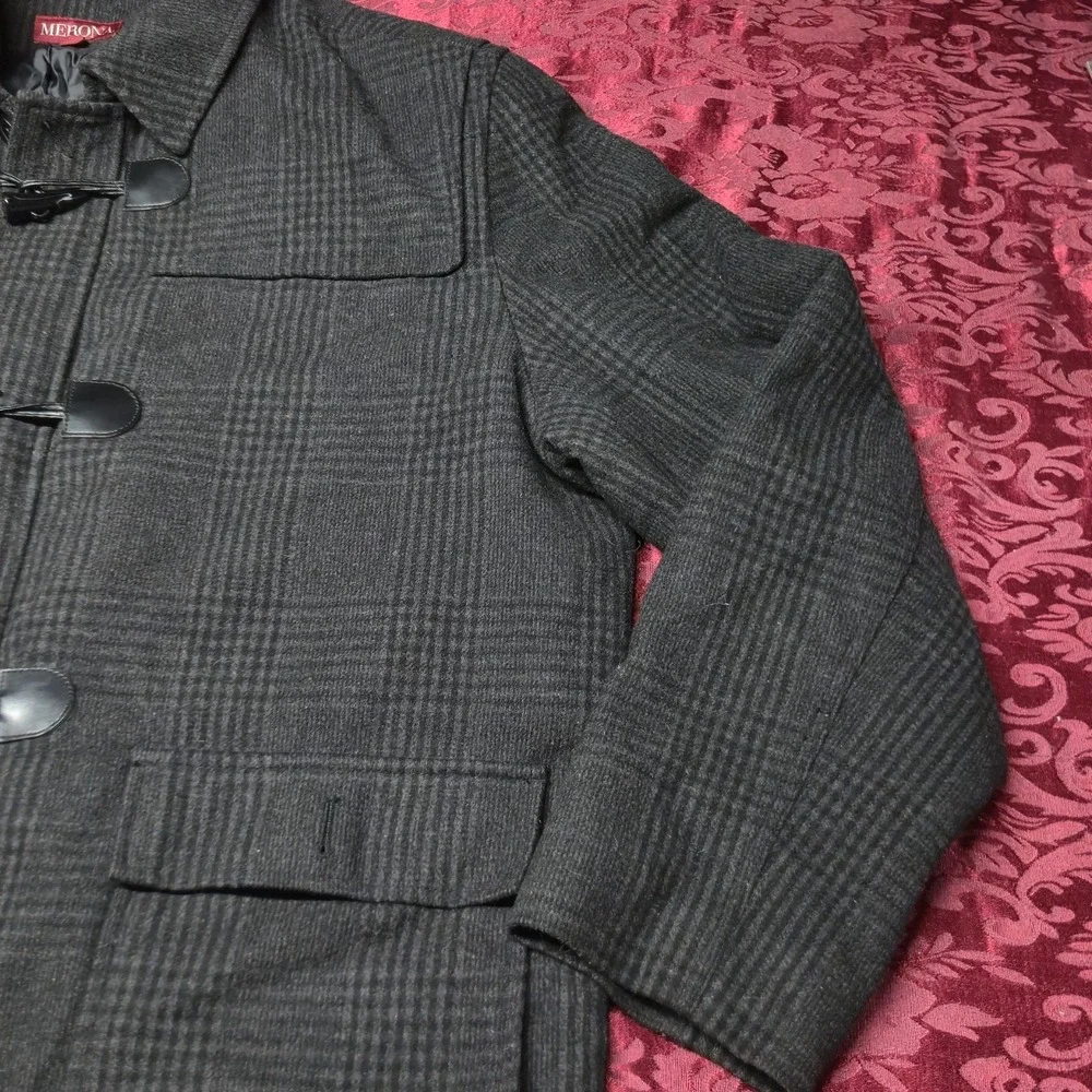 Merona Mens XXL Gray Plaid Wool Blend Duffle Coat Toggle Zip Up Winter Jacket